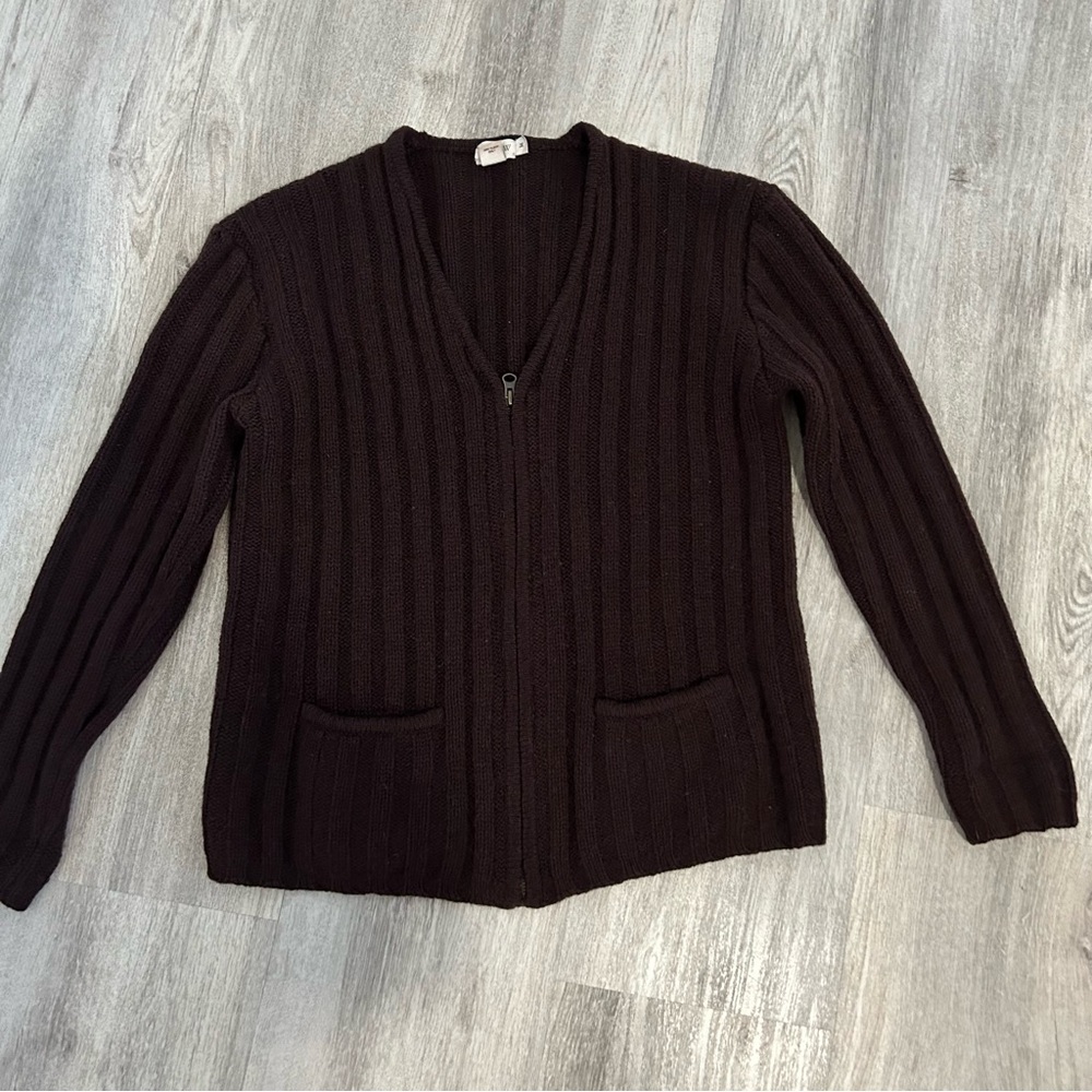 J. Crew 100% Wool Shetland Full Zip Sweater Womens M Chunky Ribbed Brown